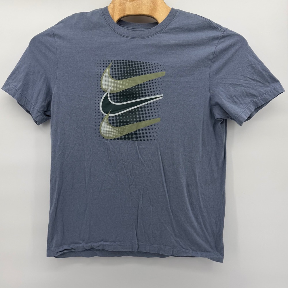 Nike T-Shirt Mens Large Blue Gray Triple Swoosh Graphic Short Sleeve Athletic